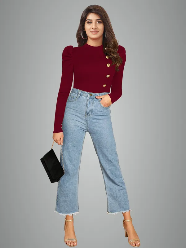 Women's_Maroon_Puff_Sleeve_Top_With_Gold_Button_Detail