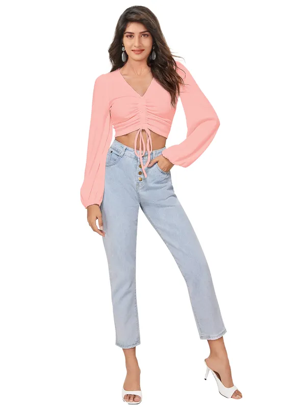 Pink_Ruched_Drawstring_Crop_Top_Long_Sleeve_V_Neck_Top_For_Women