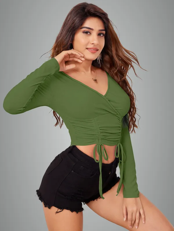 Green_Ruched_Drawstring_Crop_Top_For_Women_Long_Sleeve_V_Neck_Wrap_Style