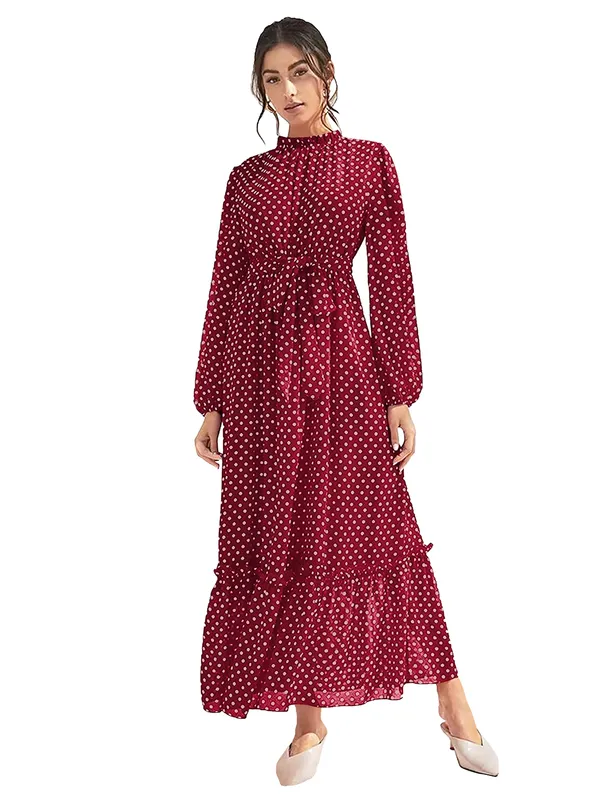 Maroon_Polka_Dot_Long_Dress_With_Ruffled_Hem_And_Tie_Waist