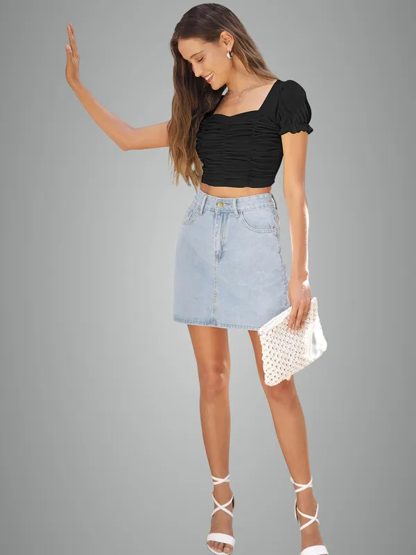 Black_Ruched_Puff_Sleeve_Crop_Top_For_Women