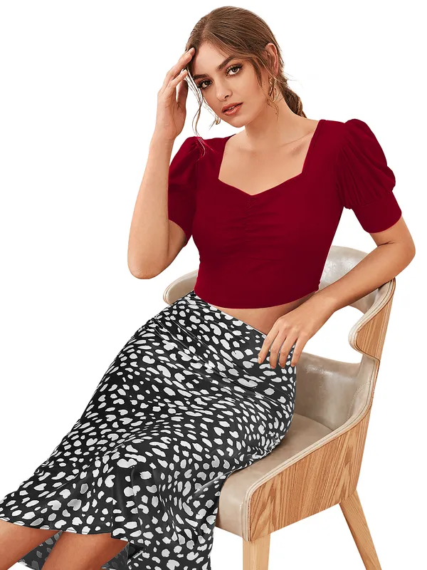 Women's_Two_Piece_Set_Burgundy_Puff_Sleeve_Crop_Top_With_Black_And_White_Spotted_Midi_Skirt