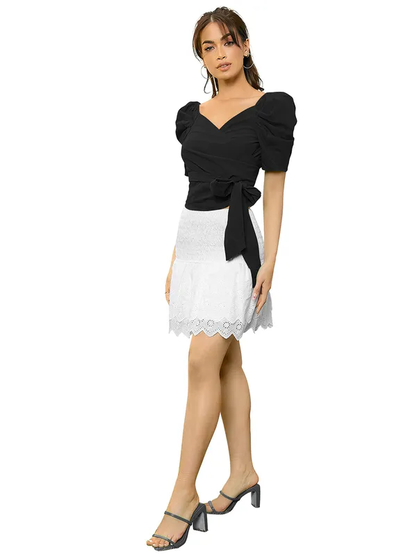 Black_Puff_Sleeve_Wrap_Top_With_White_Embroidered_Lace_Skirt_Set