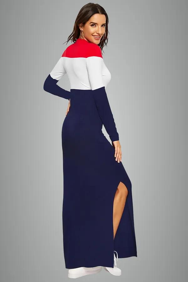 Color_Block_Maxi_Dress_With_Side_Slit_Red,_White_And_Navy_Blue