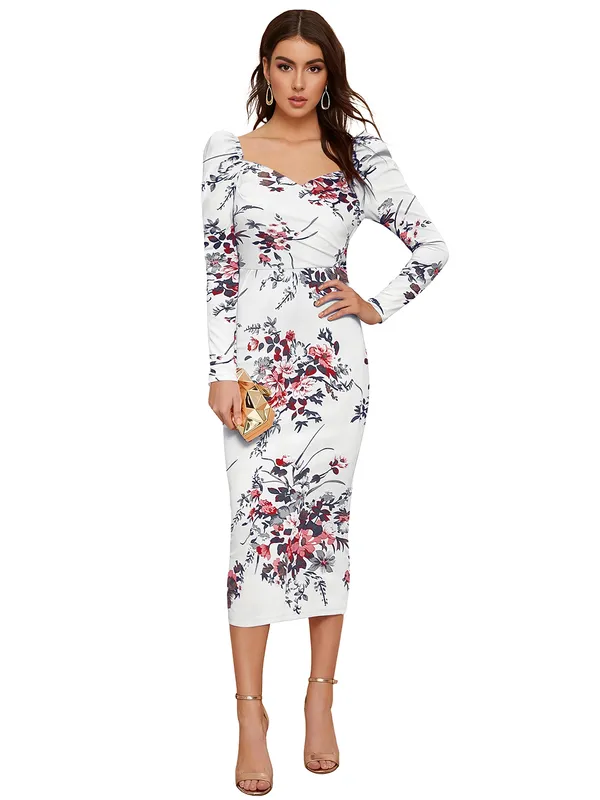 White_Floral_Print_Long_Sleeve_Bodycon_Midi_Dress