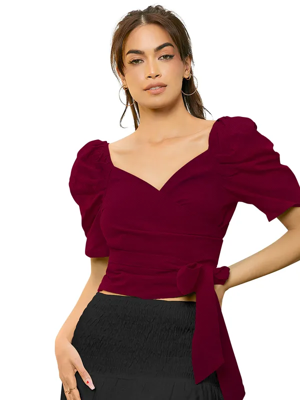 Women's_Maroon_Puff_Sleeve_Wrap_Top_With_Side_Tie
