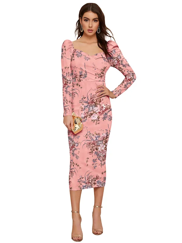 Pink_Floral_Print_Long_Sleeve_Midi_Bodycon_Dress