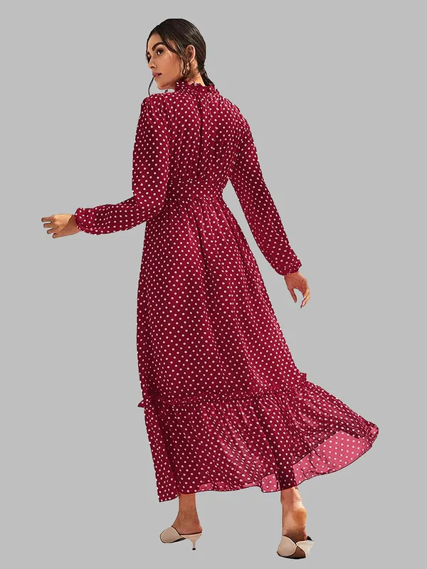 Maroon_Polka_Dot_Long_Dress_With_Ruffled_Hem_And_Tie_Waist