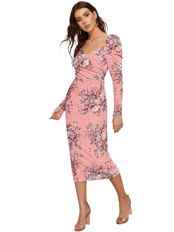 Pink_Floral_Print_Long_Sleeve_Midi_Bodycon_Dress