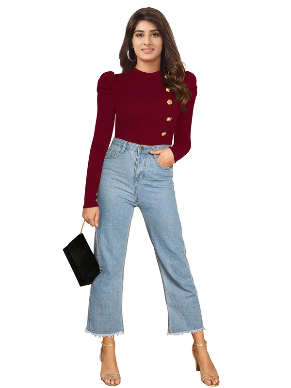 Women's_Maroon_Puff_Sleeve_Top_With_Gold_Button_Detail