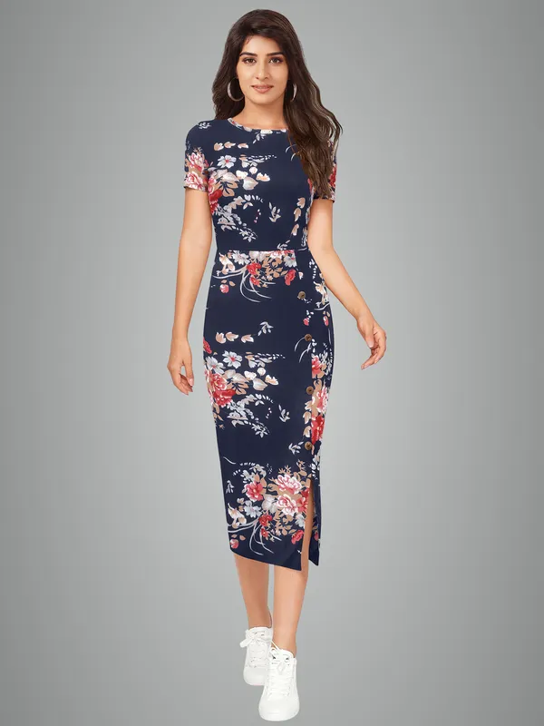 Navy_Blue_Floral_Print_Midi_Dress_With_Side_Slit