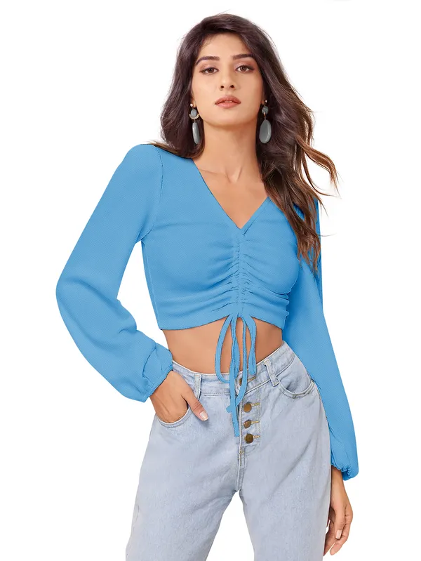 Women's_Blue_Ruched_Drawstring_Crop_Top_With_V_Neck_And_Long_Sleeves