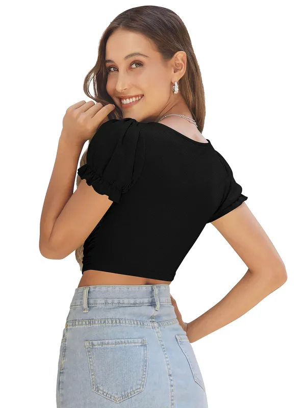 Black_Ruched_Puff_Sleeve_Crop_Top_For_Women