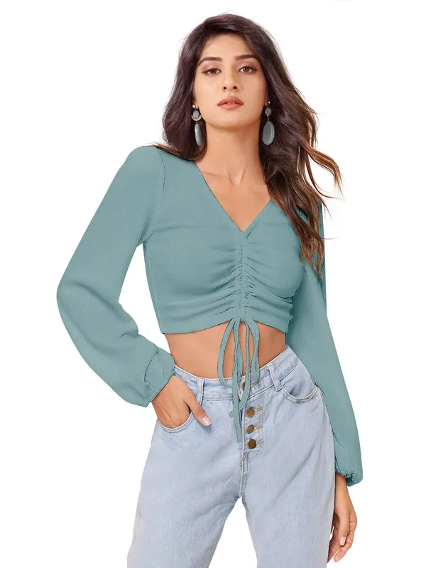 Sage_Green_Ruched_Drawstring_Crop_Top_Full_Sleeves_V_Neck