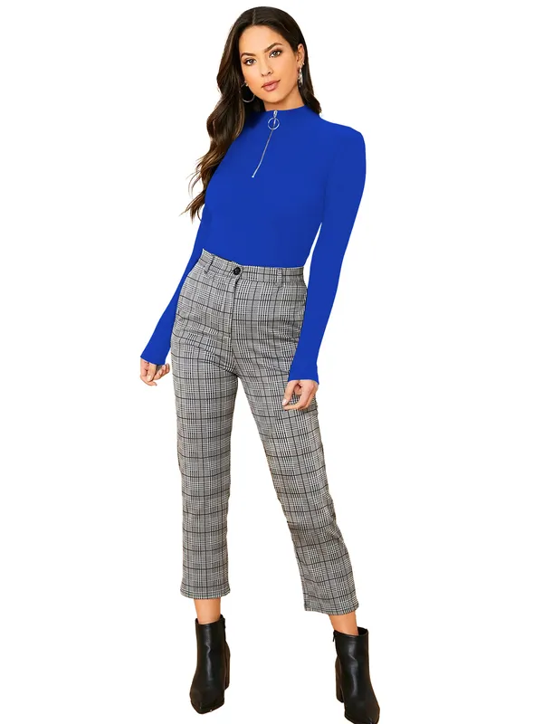 Women's_Blue_High_Neck_Zipper_Long_Sleeve_Top