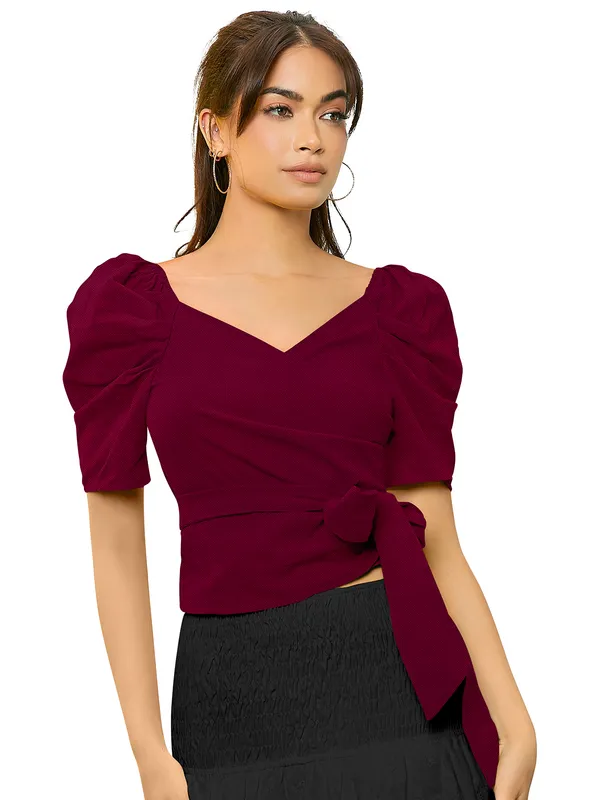 Women's_Maroon_Puff_Sleeve_Wrap_Top_With_Side_Tie