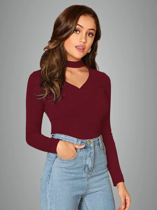 Burgundy_Choker_Neck_Long_Sleeve_Top_For_Women