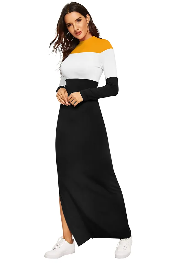 Color_Block_Maxi_Dress_With_Side_Slit_Yellow,_White_And_Black