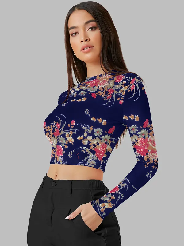 Navy_Blue_Floral_Print_Long_Sleeve_Crop_Top_For_Women