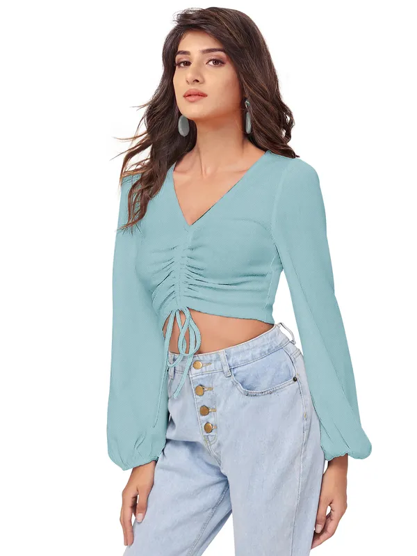 Sage_Green_Ruched_Drawstring_Crop_Top_Full_Sleeves_V_Neck