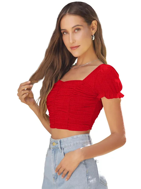 Red_Ruched_Crop_Top_With_Puff_Sleeves_And_Square_Neckline