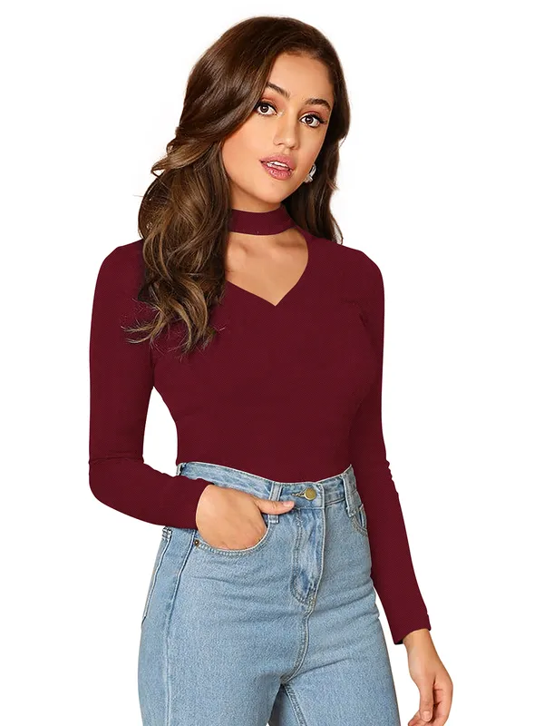 Burgundy_Choker_Neck_Long_Sleeve_Top_For_Women