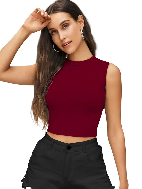 Maroon_Mock_Neck_Sleeveless_Crop_Top_For_Women