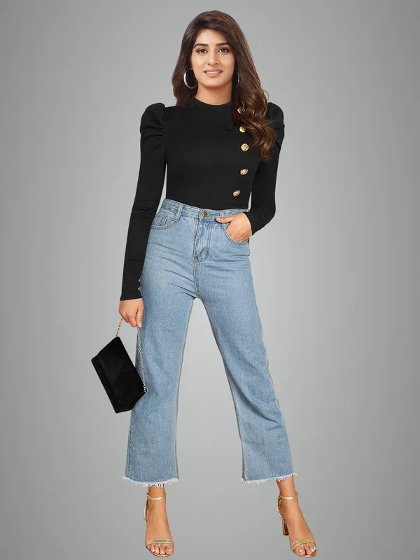 Women's_Black_Puff_Sleeve_Top_With_Gold_Button_Detail