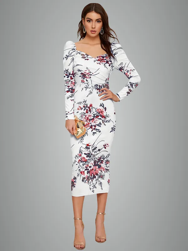 White_Floral_Print_Long_Sleeve_Bodycon_Midi_Dress