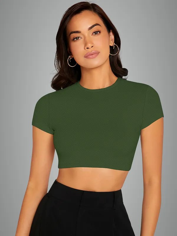 Olive_Green_Crop_Top_For_Women_Short_Sleeve_Casual_Fitted_T_Shirt