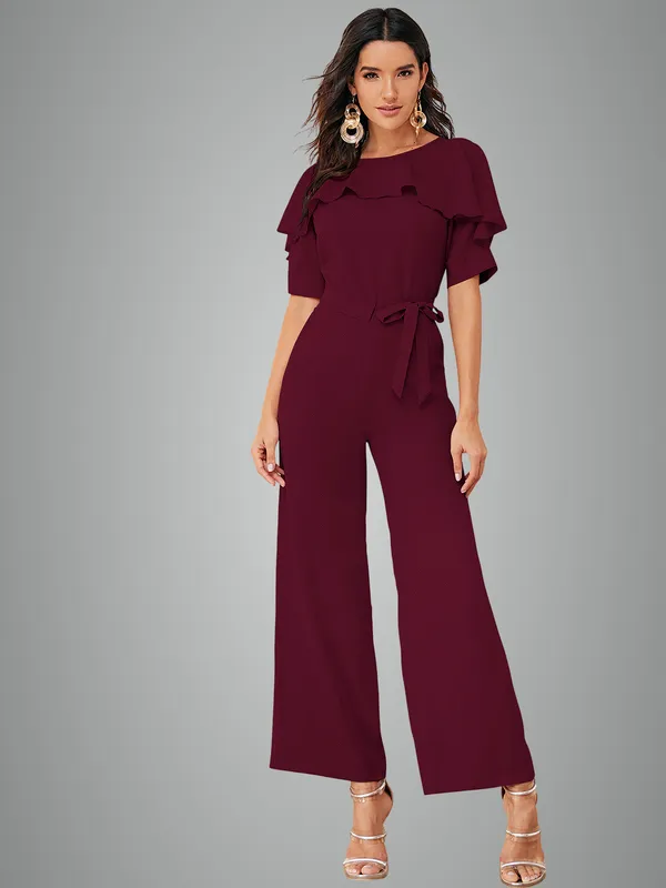 Burgundy_Ruffle_Detail_Belted_Jumpsuit_For_Women