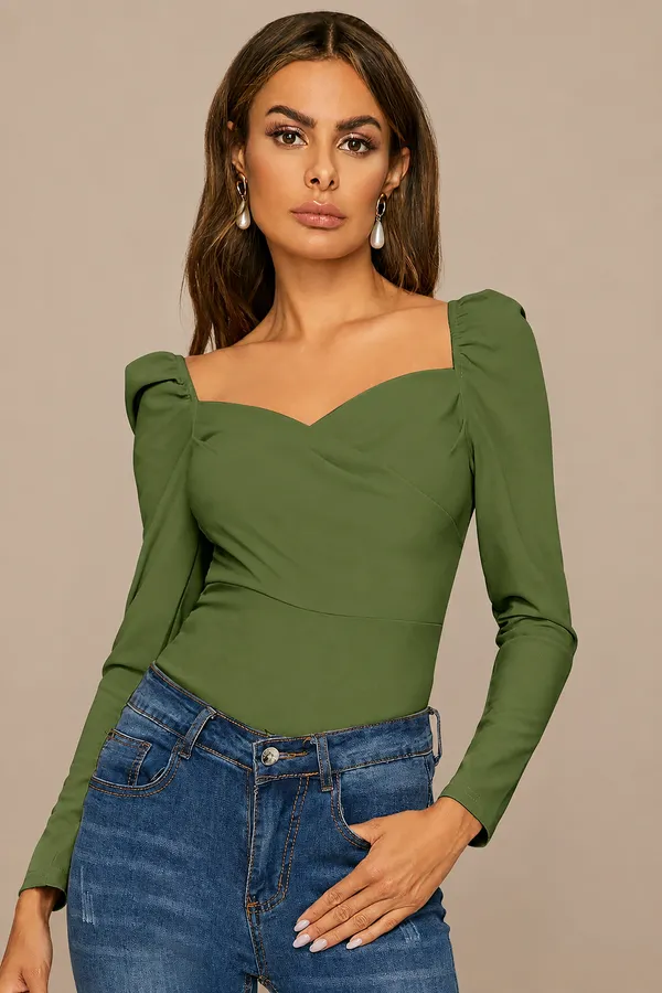 Women's_Green_Puff_Sleeve_Wrap_Front_Top