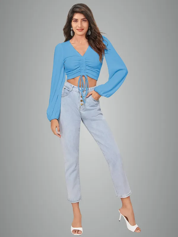Women's_Blue_Ruched_Drawstring_Crop_Top_With_V_Neck_And_Long_Sleeves