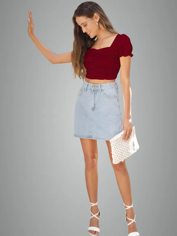 Maroon_Ruched_Puff_Sleeve_Crop_Top_For_Women
