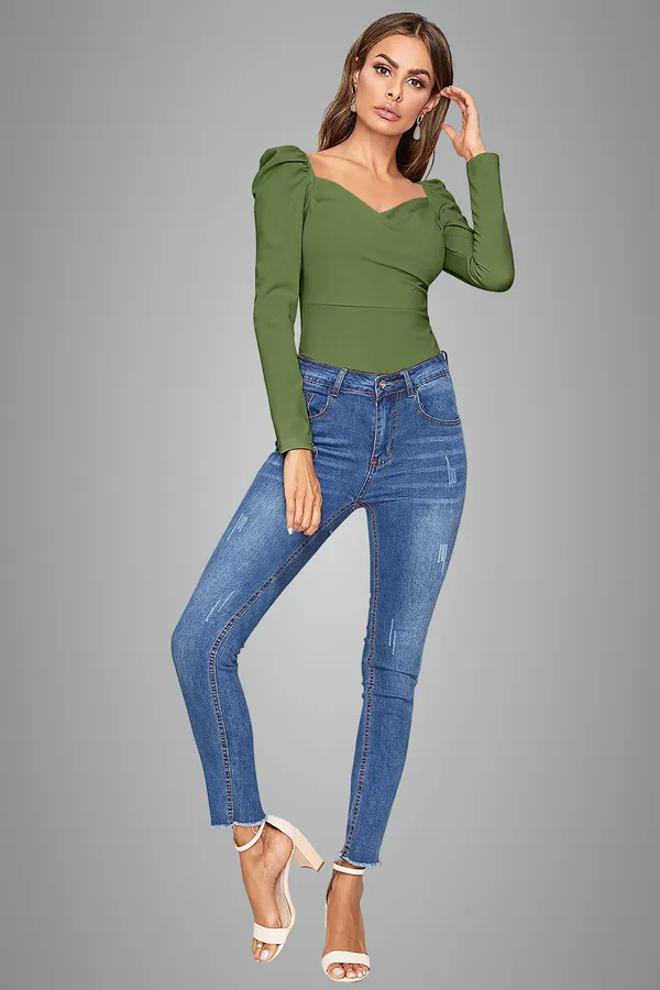 Women's_Green_Puff_Sleeve_Wrap_Front_Top