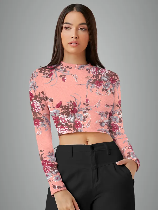 Pink_Floral_Print_Long_Sleeve_Mesh_Crop_Top_For_Women