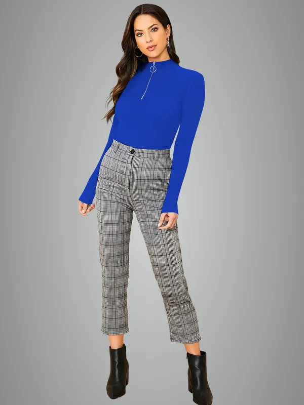Women's_Blue_High_Neck_Zipper_Long_Sleeve_Top