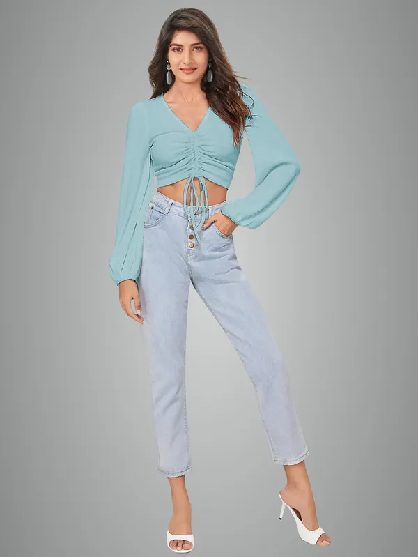 Sage_Green_Ruched_Drawstring_Crop_Top_Full_Sleeves_V_Neck