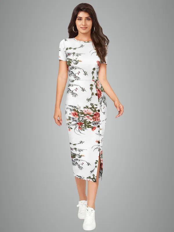 Women's_White_Floral_Print_Bodycon_Midi_Dress_With_Side_Slit