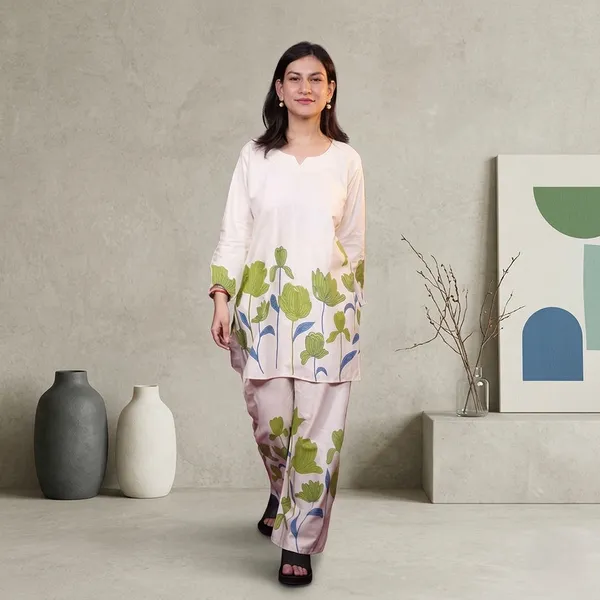 White_Premium_Khadi_Cotton_Floral_Printed_Co-Ord_Set_For_Women