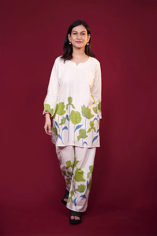 White_Premium_Khadi_Cotton_Floral_Printed_Co-Ord_Set_For_Women