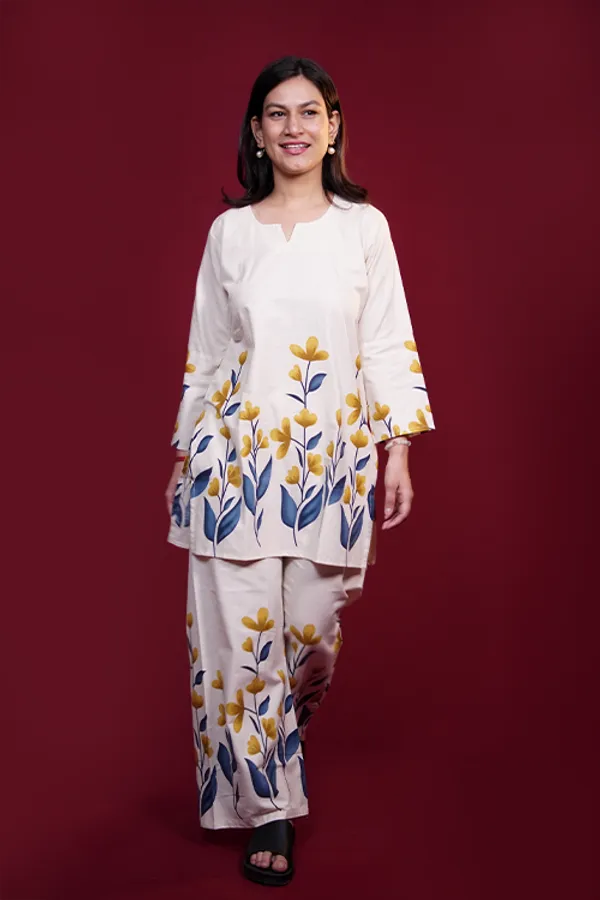 White_Premium_Khadi_Cotton_Floral_Printed_Co-Ord_Set_For_Women