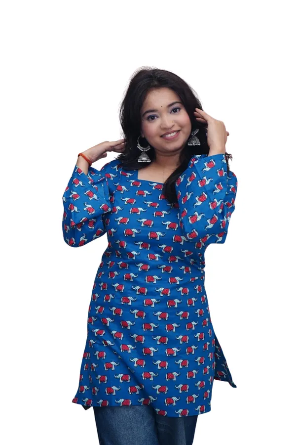 Yellow_And_Blue_Premium_Cotton_Elephant_Print_Kurti_For_Women_(Pack_Of_2)
