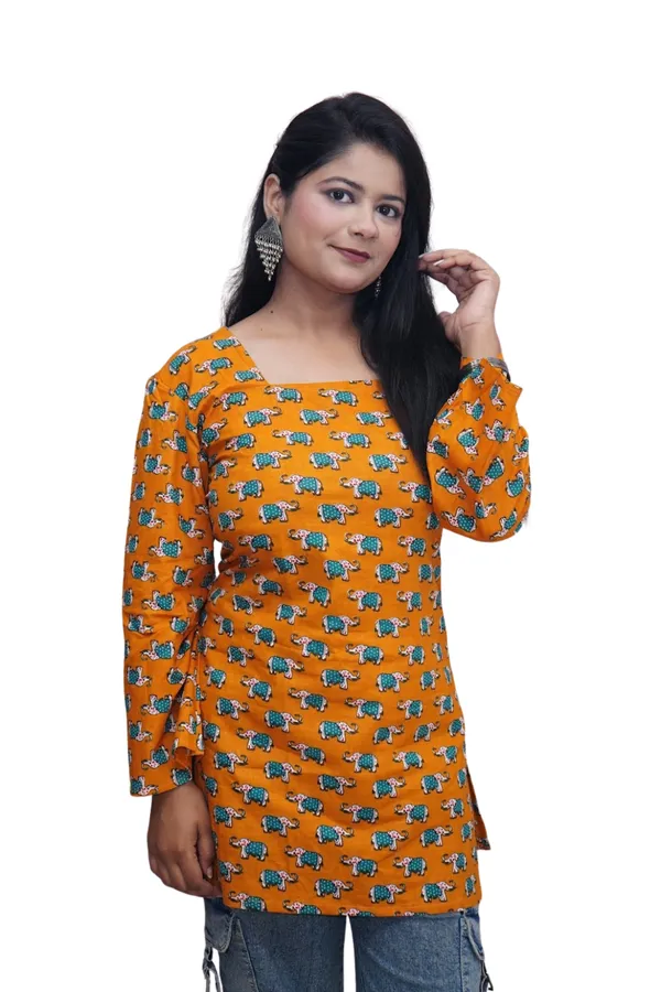 Yellow_Premium_Cotton_Elephant_Print_Kurti_For_Women