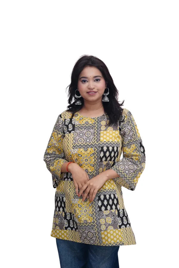 Yellow_Premium_Cotton_Ajrakh_Patchwork_Kurti_For_Women