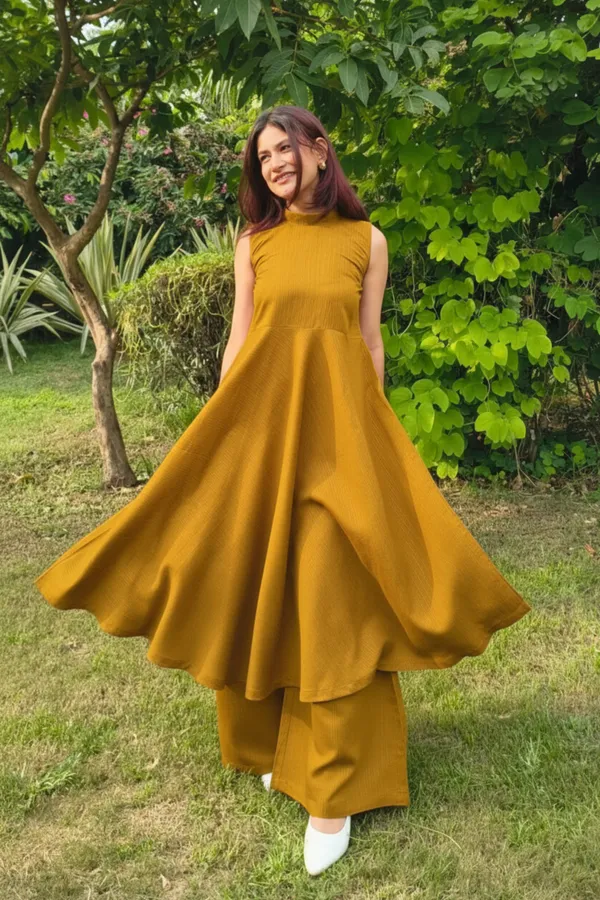 Mustard_Yellow_Premium_Cotton_Sleeveless_Flared_Kurta_With_Palazzo_Set_For_Women