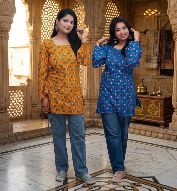 Yellow_And_Blue_Premium_Cotton_Elephant_Print_Kurti_For_Women_(Pack_Of_2)