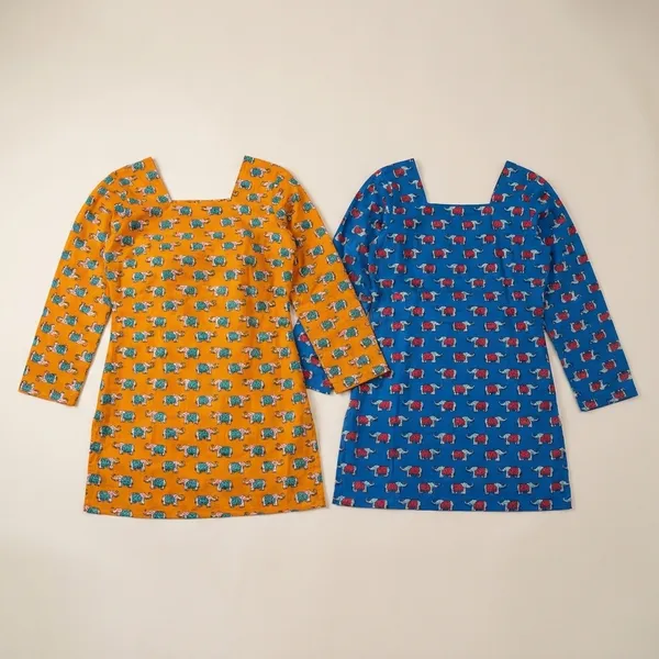 Yellow_And_Blue_Premium_Cotton_Elephant_Print_Kurti_For_Women_(Pack_Of_2)
