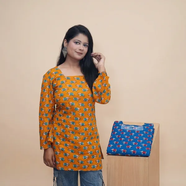 Yellow_And_Blue_Premium_Cotton_Elephant_Print_Kurti_For_Women_(Pack_Of_2)