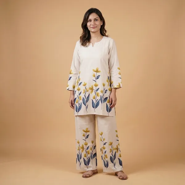 White_Premium_Khadi_Cotton_Floral_Printed_Co-Ord_Set_For_Women